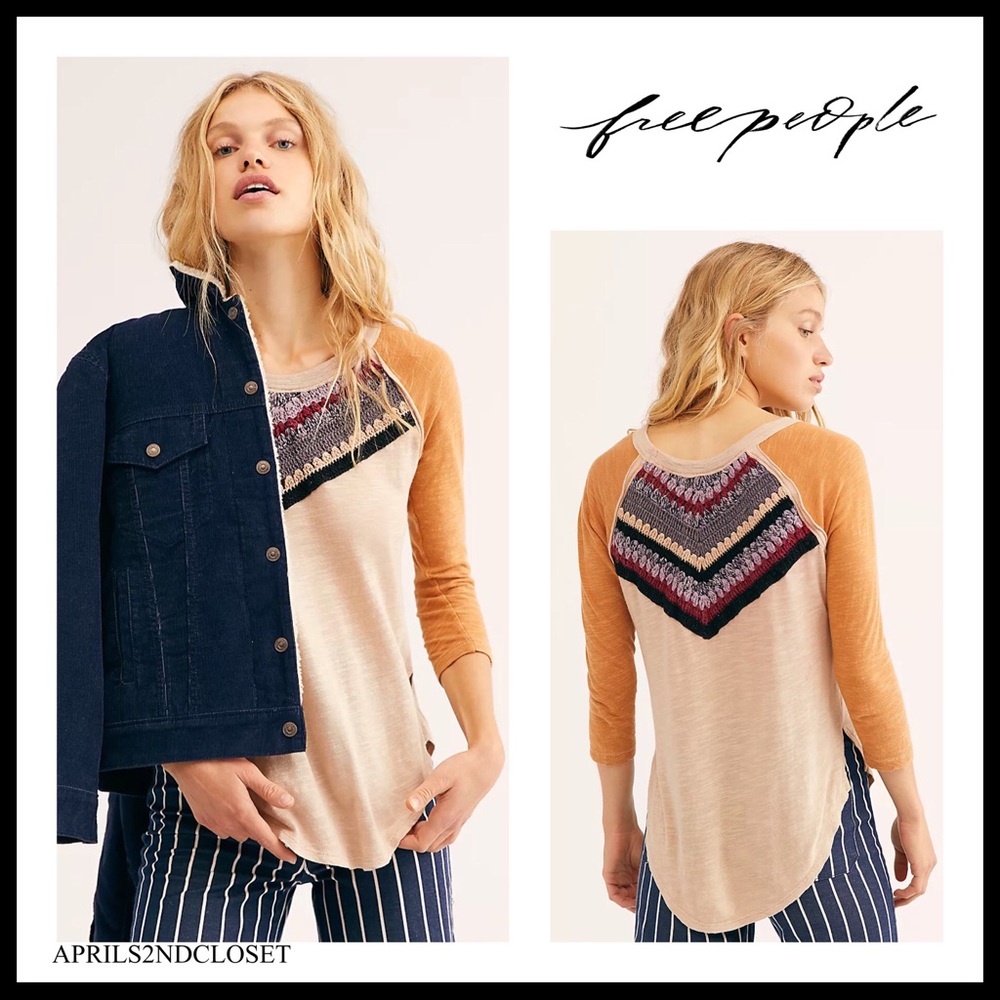 FREE PEOPLE BOHO TEE KNIT PULLOVER CROCHET TOP A2C - Picture 1 of 13